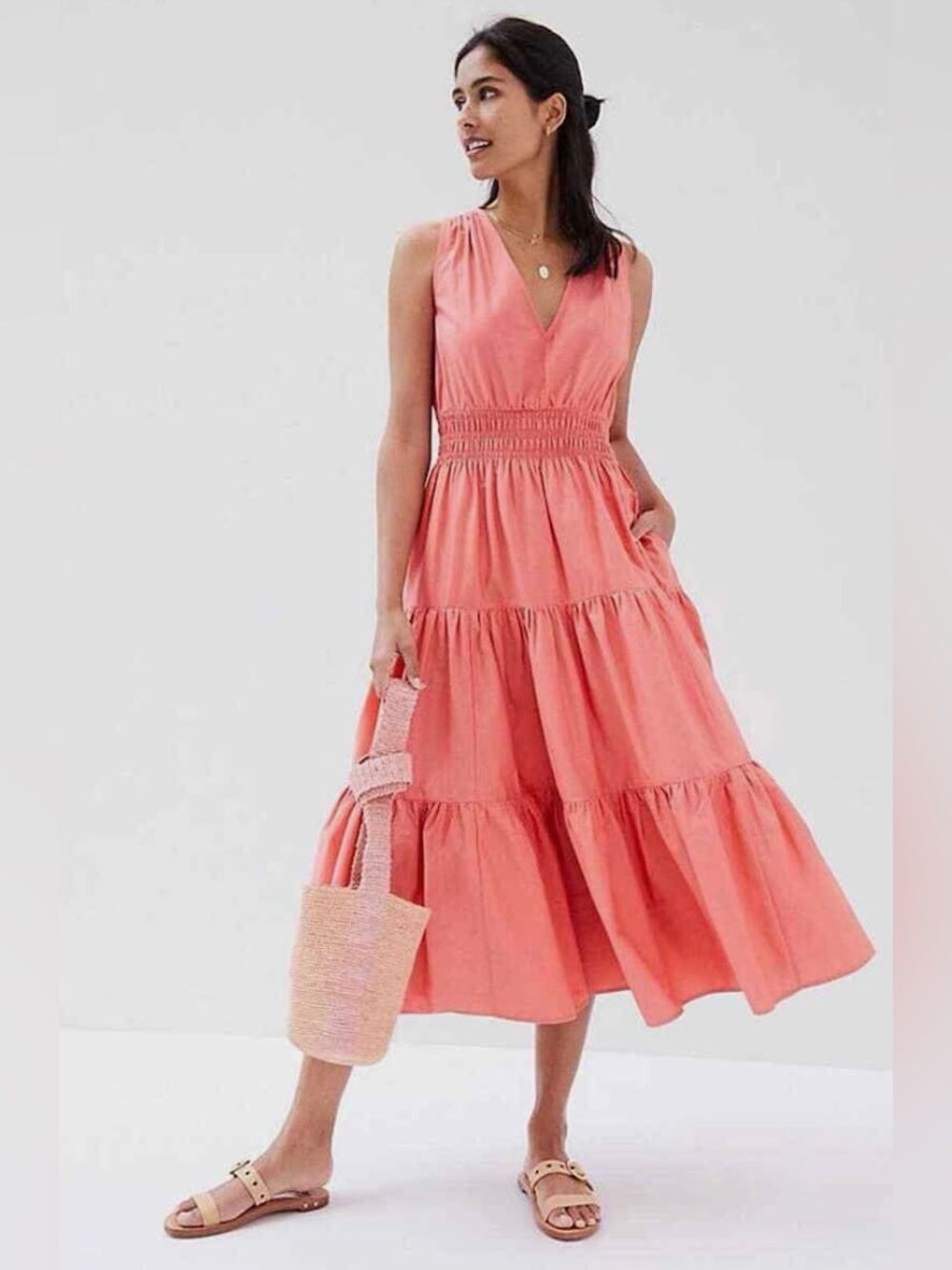 Anthropologie Maeve coral tiered smocked midi dress